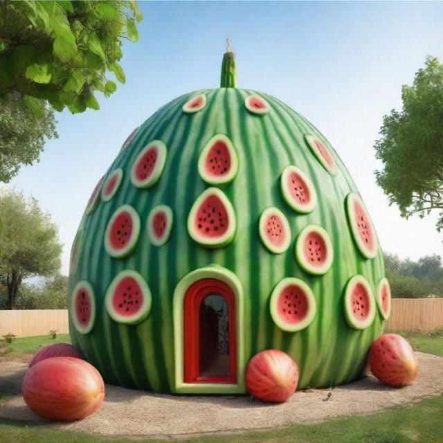 A unique house constructed entirely out of watermelons, with attention to architectural details.