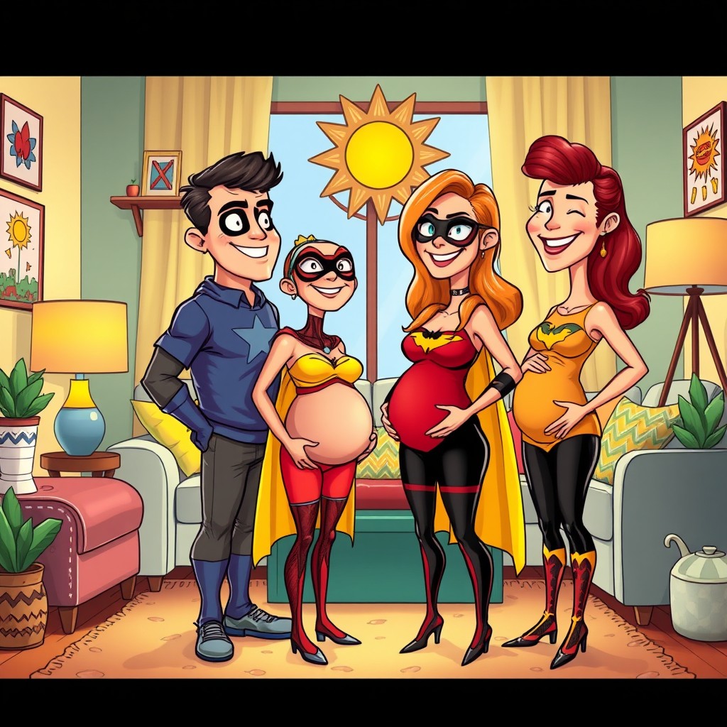 A vibrant and whimsical scene featuring characters inspired by superheroes with a comedic twist - depicted as expecting parents with joyful expressions, showcasing their playful and affectionate bond