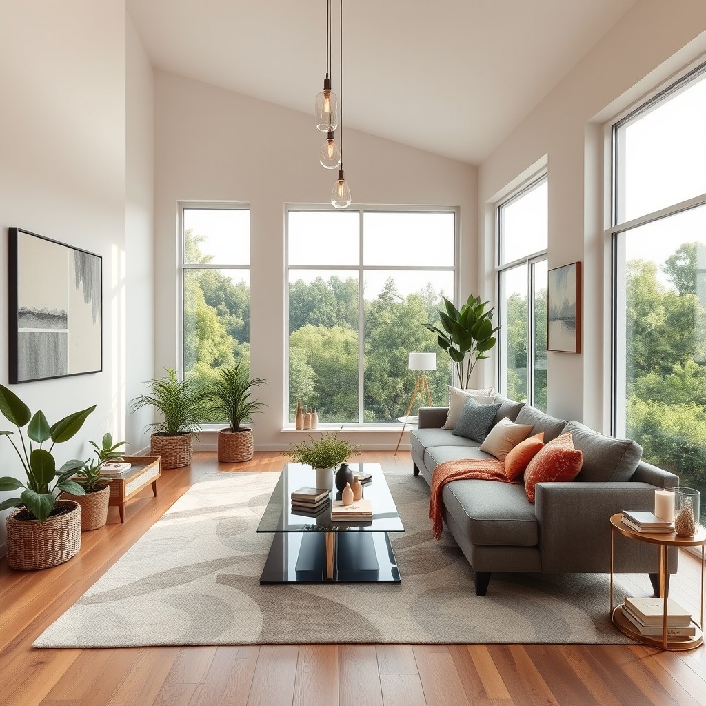 A beautifully decorated living room featuring a modern aesthetic with a cozy atmosphere