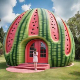 A unique house constructed entirely out of watermelons, with attention to architectural details.