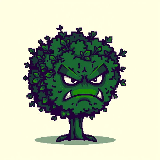 An angry bush character depicted in vibrant pixel art style, featuring a deep green color scheme with darker accents for shadowing