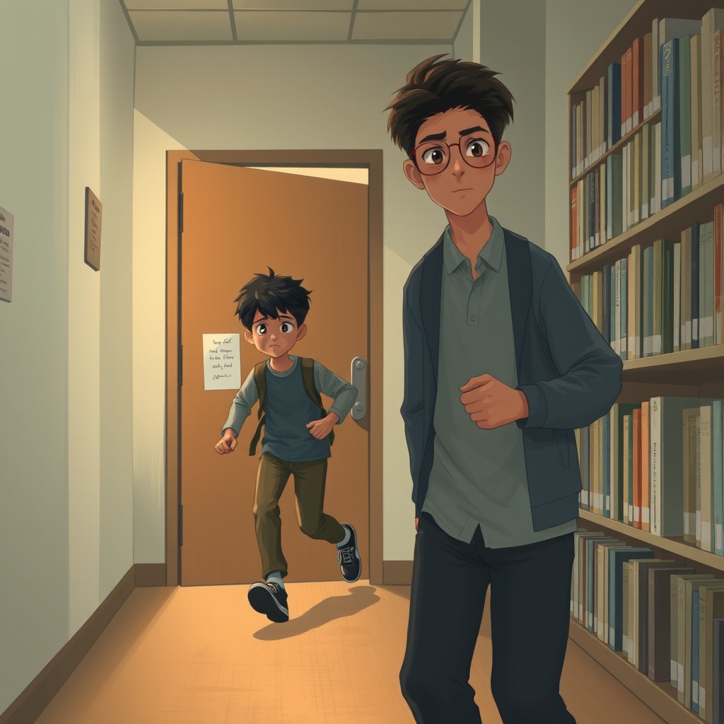 A realistic depiction of two schoolboy students, Sepehr and Mahan, standing near a lost bookshelf in a library