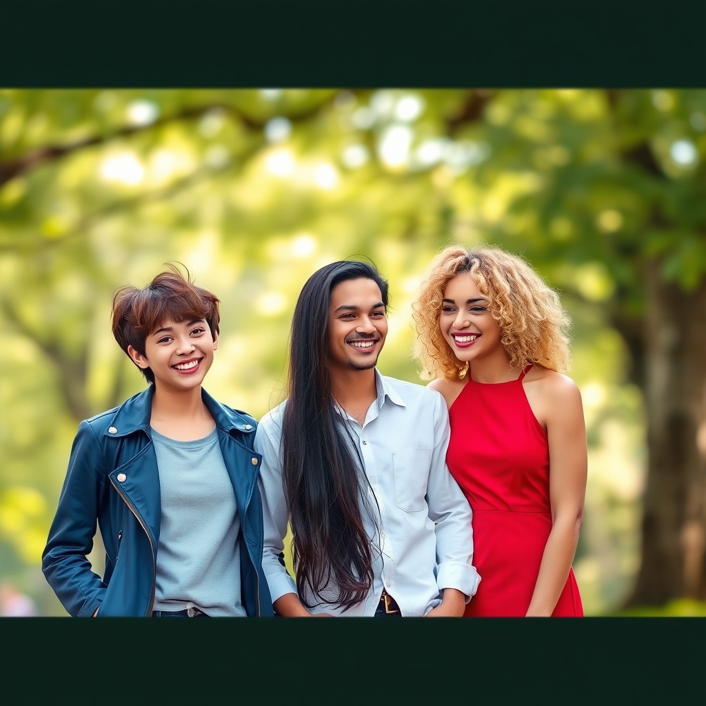 A beautiful scene featuring three individuals standing side by side, maintaining their original appearance and features
