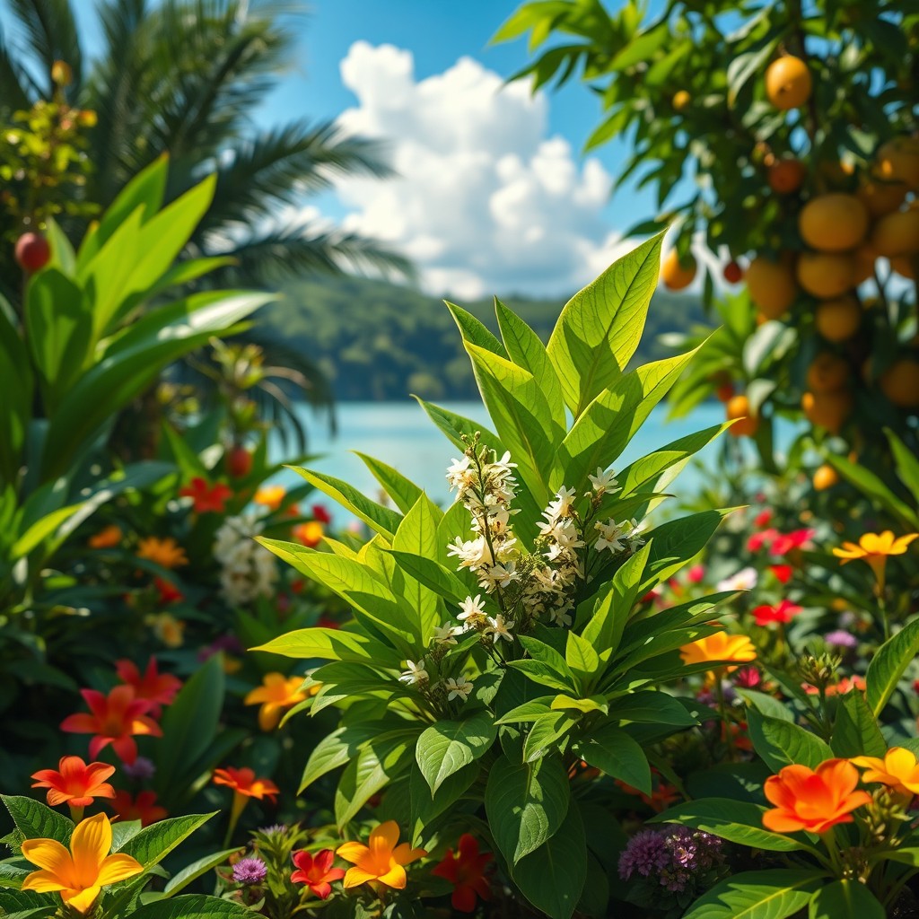 A lush and vibrant representation of the Garden of Eden, featuring a prominent moringa plant filled with green, lush leaves and delicate white flowers