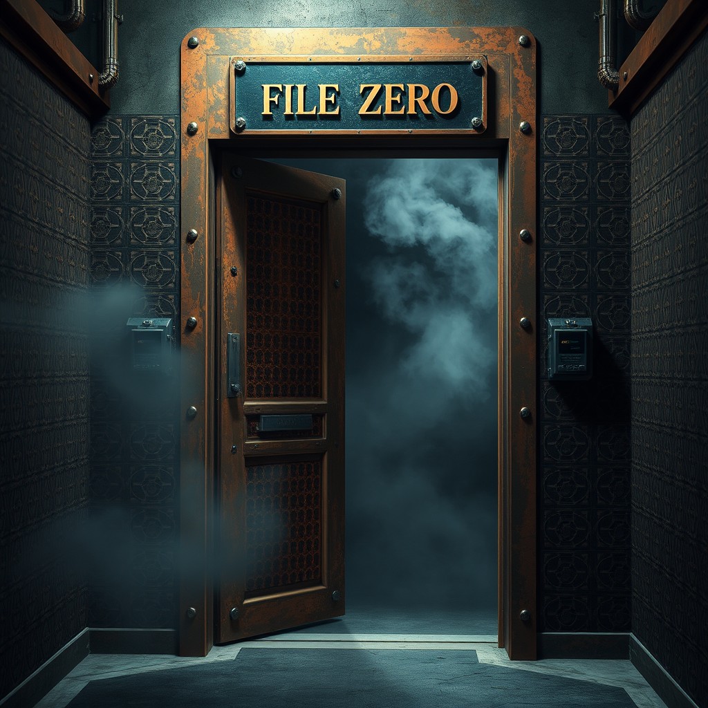 A half-open door made of aged copper, featuring a sign above it that reads 'File Zero