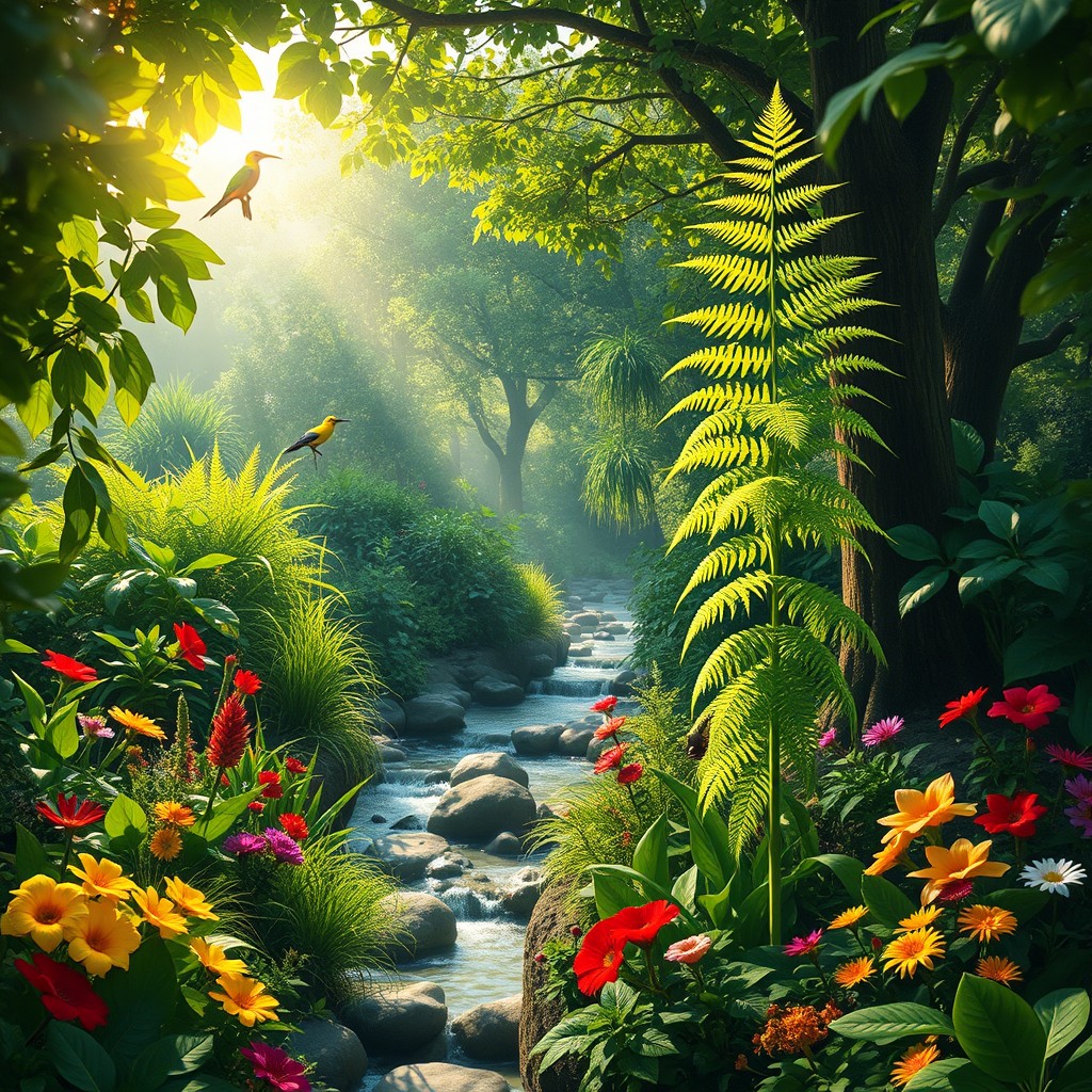 A lush, vibrant depiction of the Garden of Eden featuring a moringa plant prominently