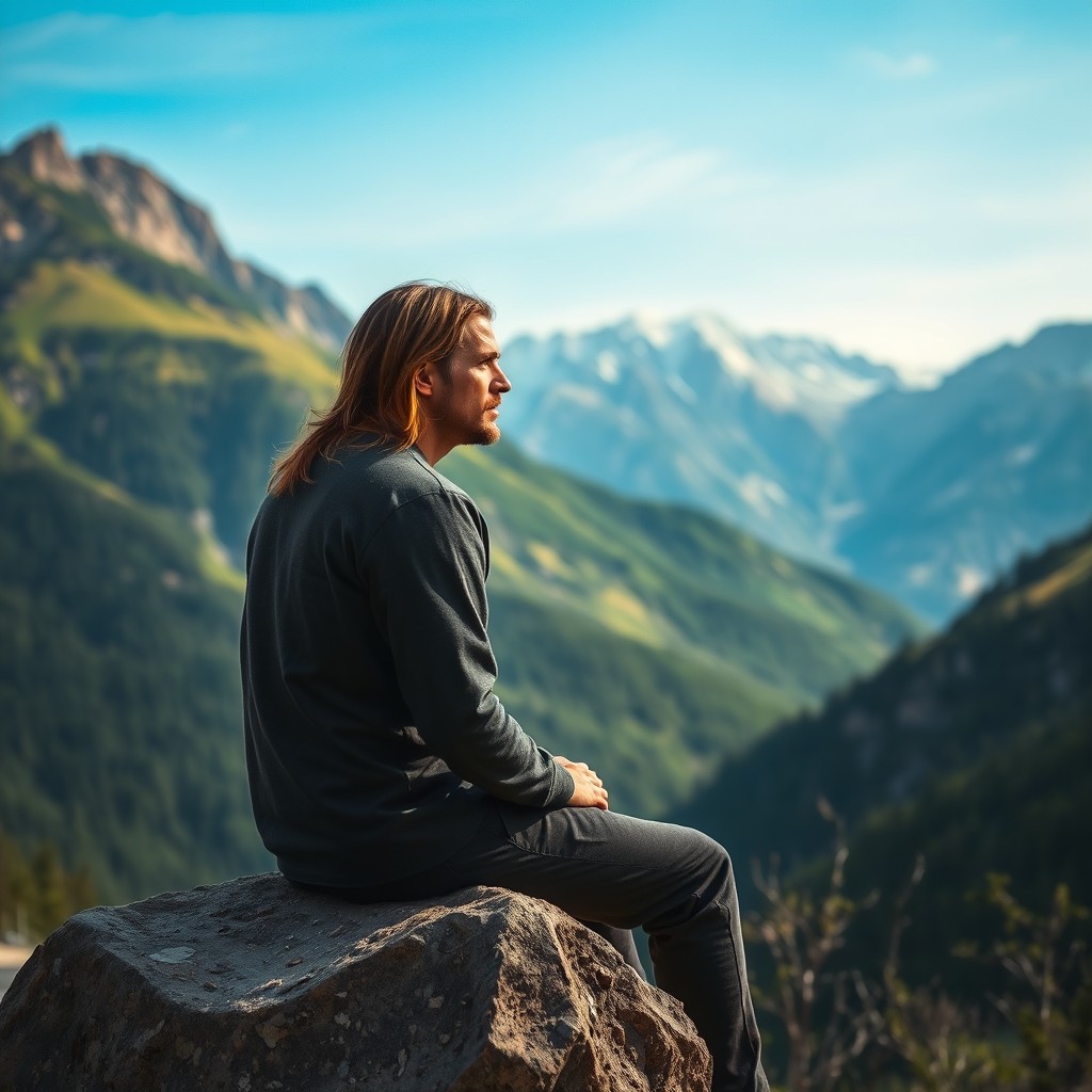 A realistic scene featuring a man with longer hair sitting on a rock, set against a backdrop of majestic mountains