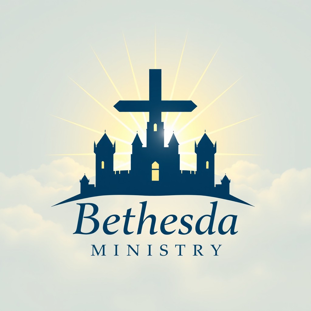 A visually striking logo for a fictional Bethesda ministry, incorporating elements such as a stylized cross, a castle silhouette inspired by Bethesda's architectural styles, beams of light radiating from the center, and an elegant serif typeface for the text 'Bethesda Ministry'