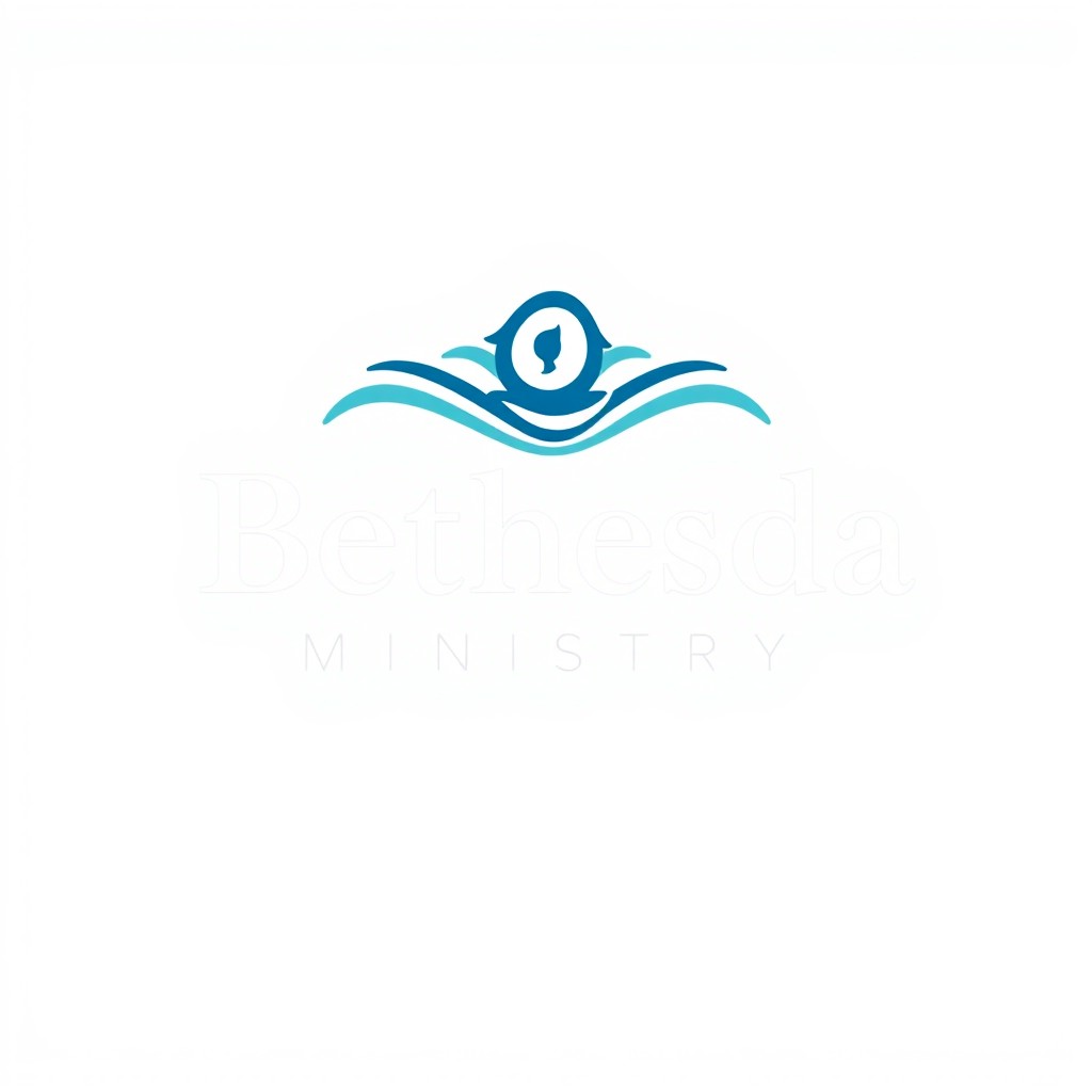 A creative logo design for "Bethesda Ministry" featuring symbolic elements like a stylized water theme, incorporating representations of healing and faith