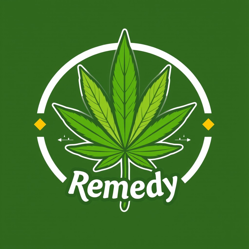 A logo design for a fictional weed shop named "Hood Remedy" featuring a vibrant green marijuana leaf intertwined with urban elements like graffiti art