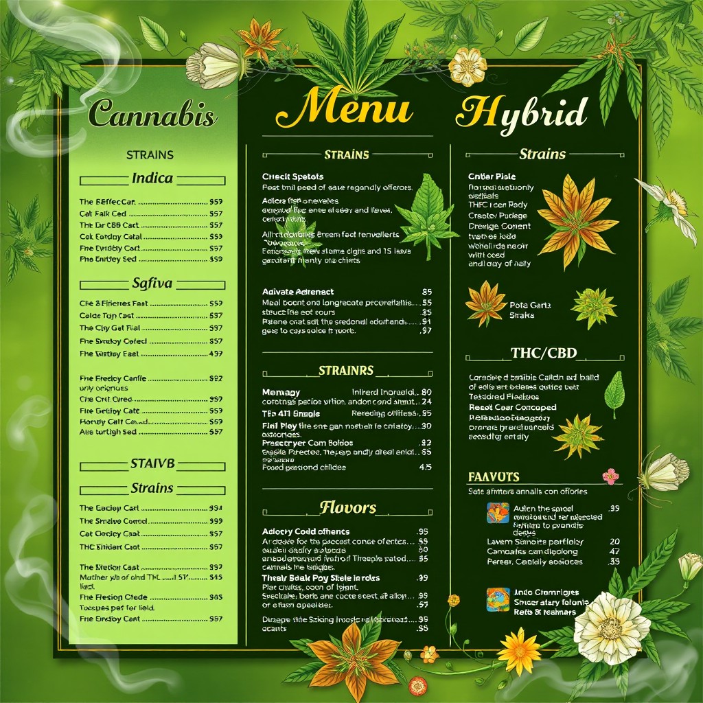 A beautifully designed and artistic cannabis menu featuring a variety of products