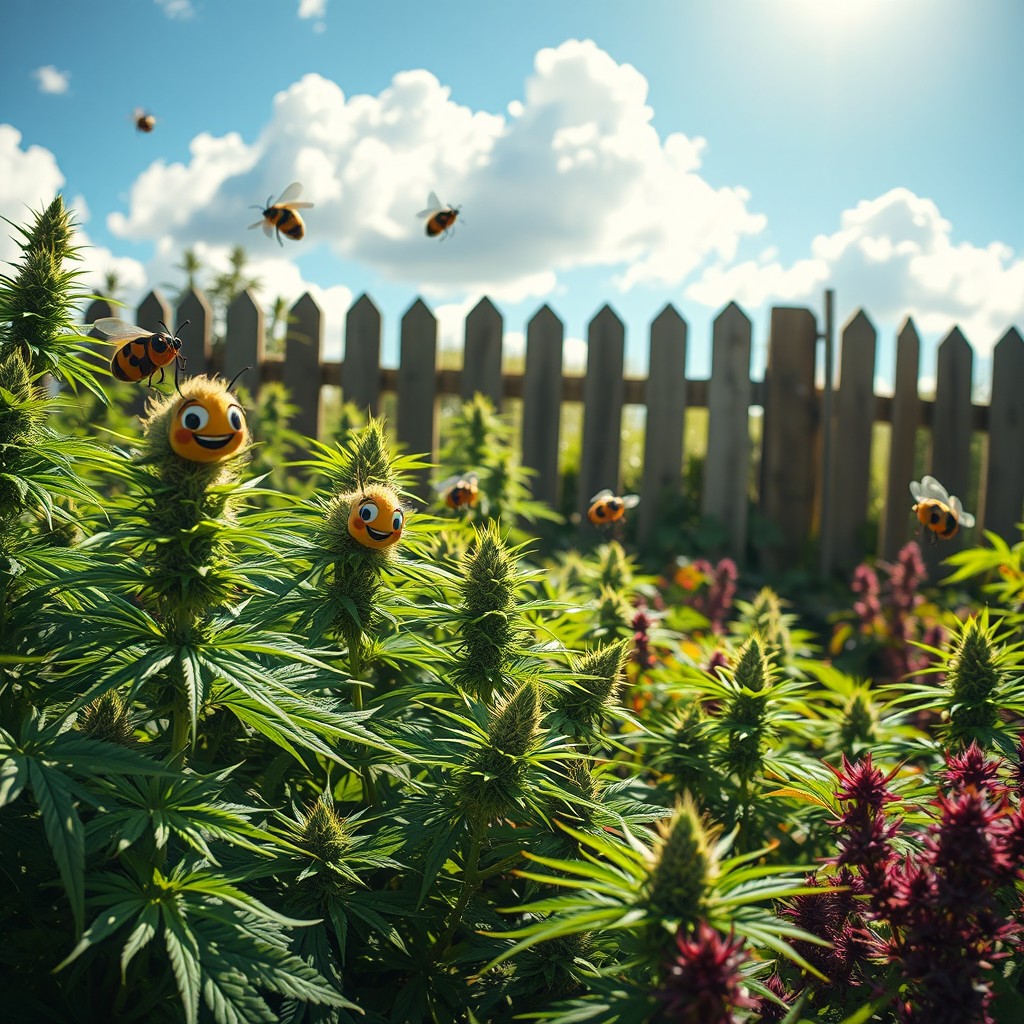 A whimsical scene featuring a vibrant, colorful garden filled with lush Cannabis plants, with giant, playful cartoonish insects buzzing around