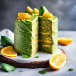 A luscious cake made from avocado and orange, showcasing texture and flavor contrast.