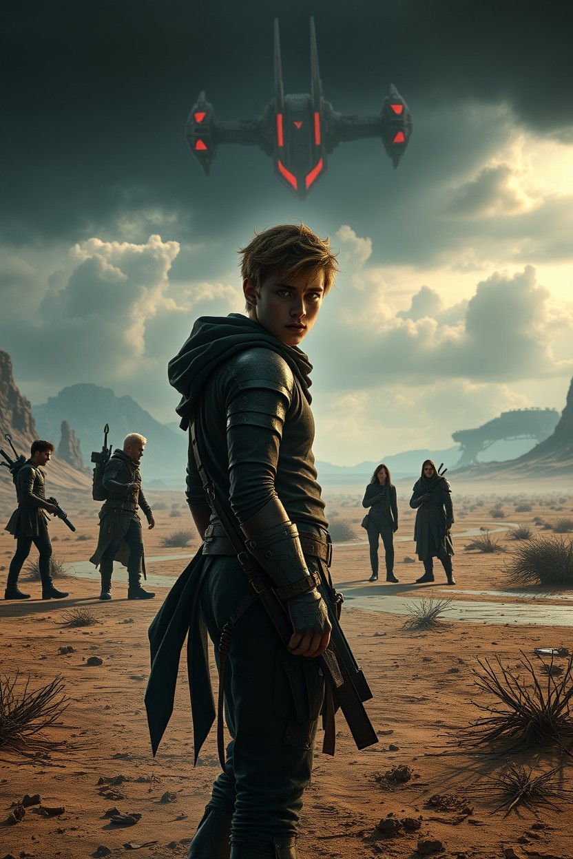 A futuristic scene set on New Earth, depicting a desolate Marginal Zone with arid wastelands under a looming sky
