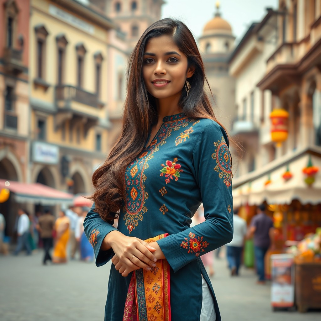 A beautiful 24-year-old Indian woman with long brown hair gracefully wearing a form-fitting kurta outfit that showcases traditional craftsmanship