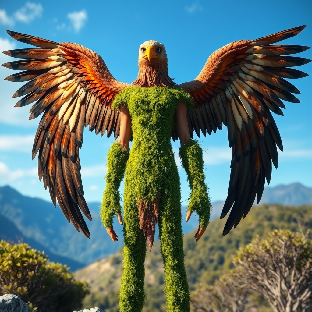 A humanoid figure with arms made of lush green moss and majestic eagle wings
