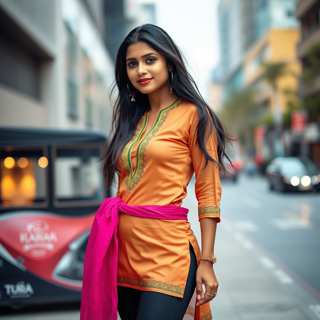 A stylish 24-year-old Indian woman confidently showcasing her vibrant outfit, which features a fitted kurta that highlights her fashionable leggings