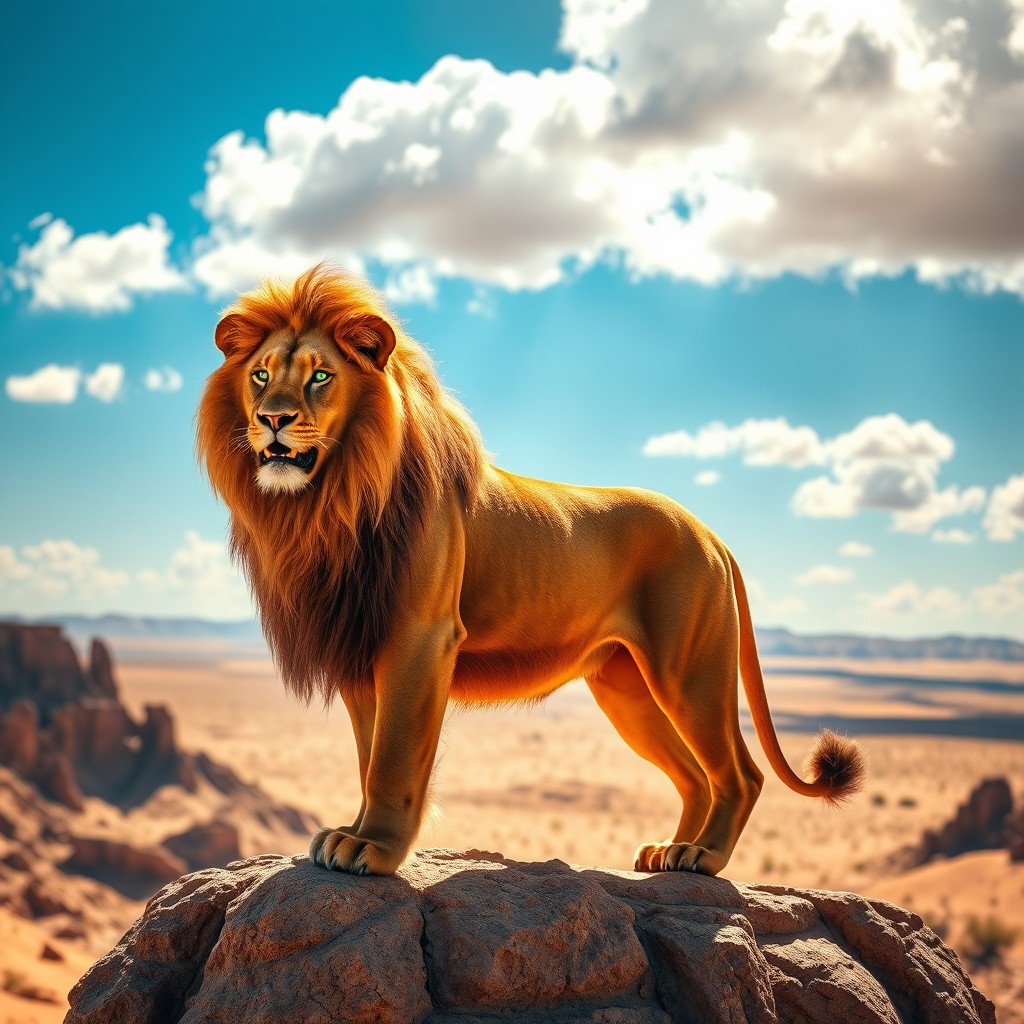 A majestic lion representing the Lion of Judah, standing proudly on a rocky outcrop