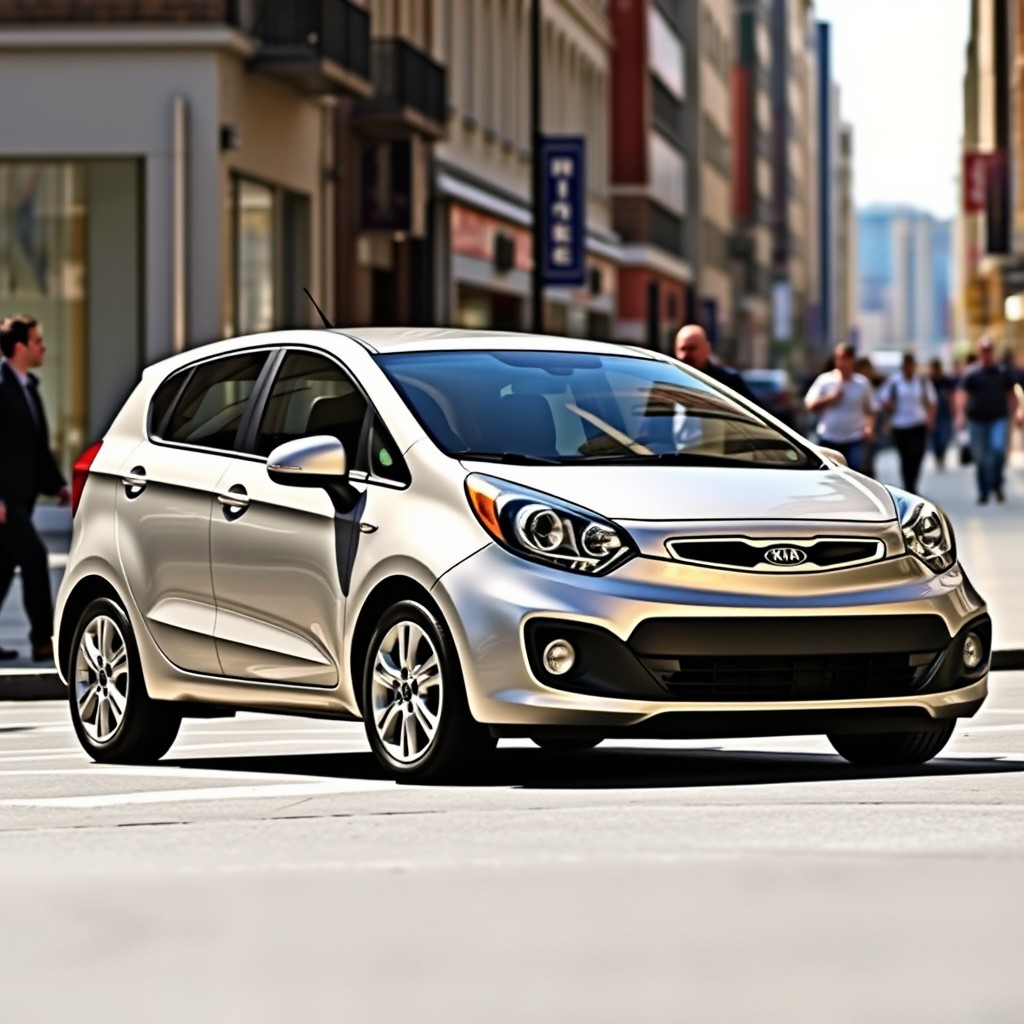 A sleek and stylish 2009 Kia Rio Xcite parked on a lively urban street, showcasing its dynamic lines and distinctive design