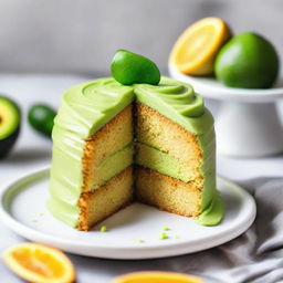 A luscious cake made from avocado and orange, showcasing texture and flavor contrast.