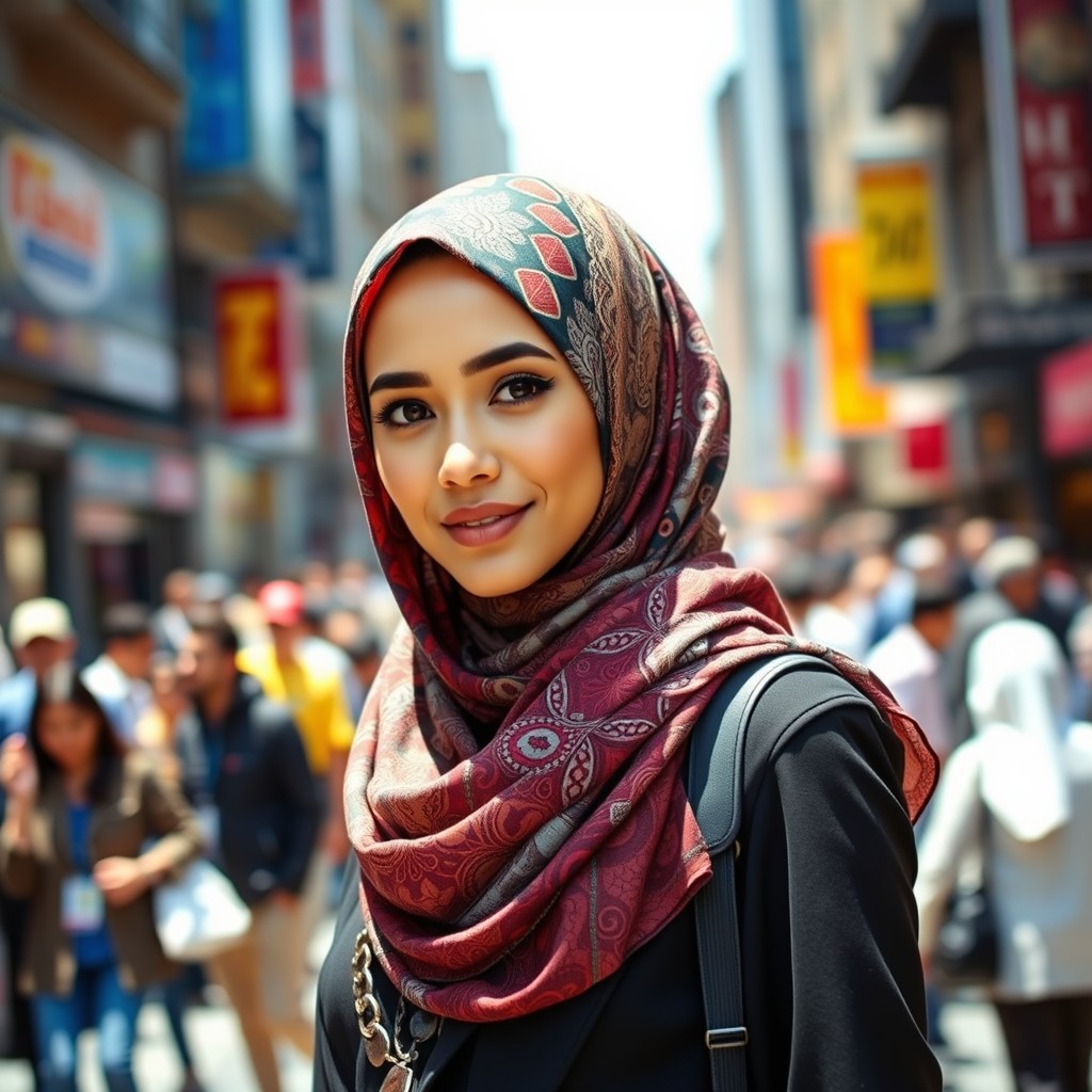 A fashionable young woman wearing a modern and stylish hijab, featuring intricate patterns and vibrant colors