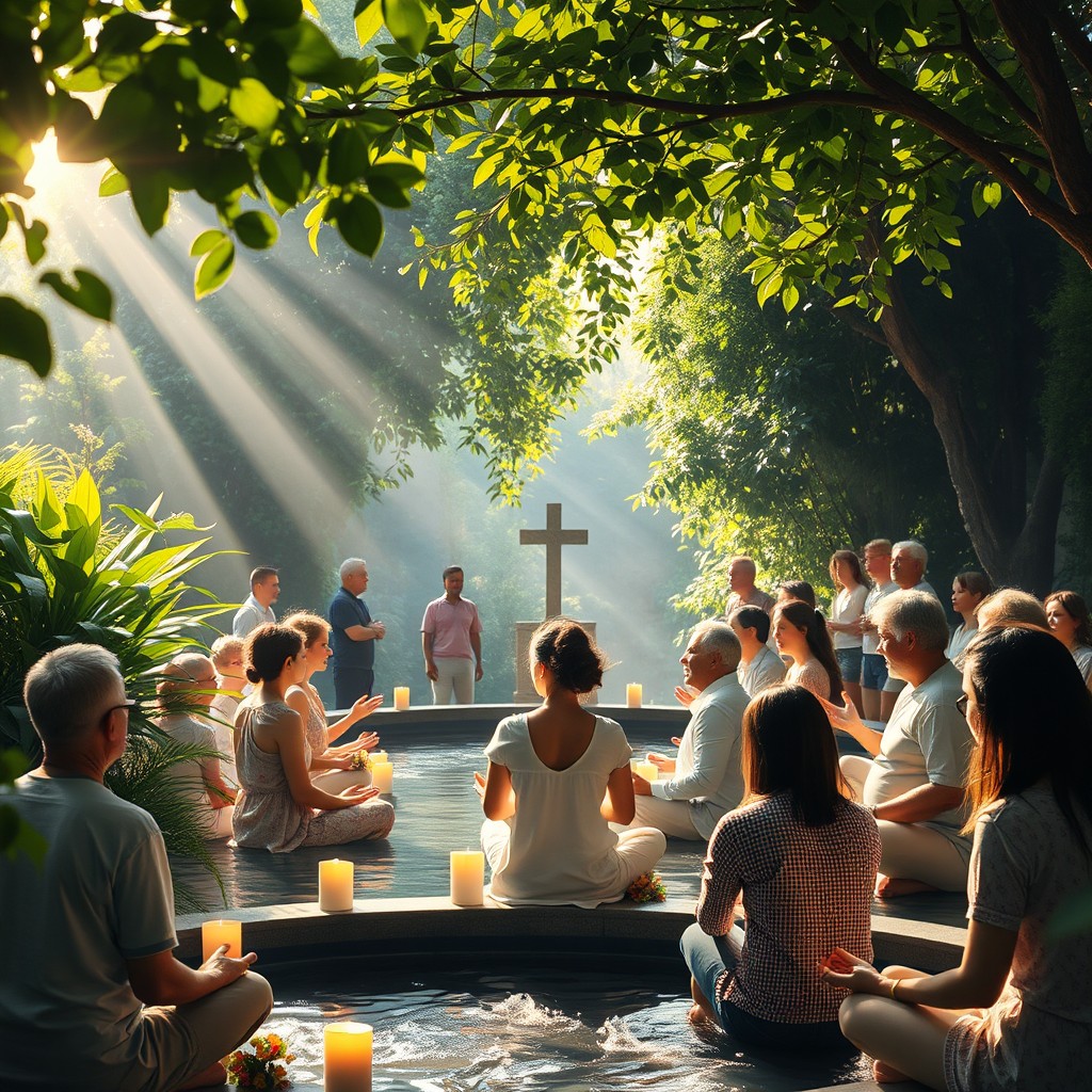 A serene scene depicting a Bethesda healing ministry, showcasing a tranquil environment with lush greenery and calming water features