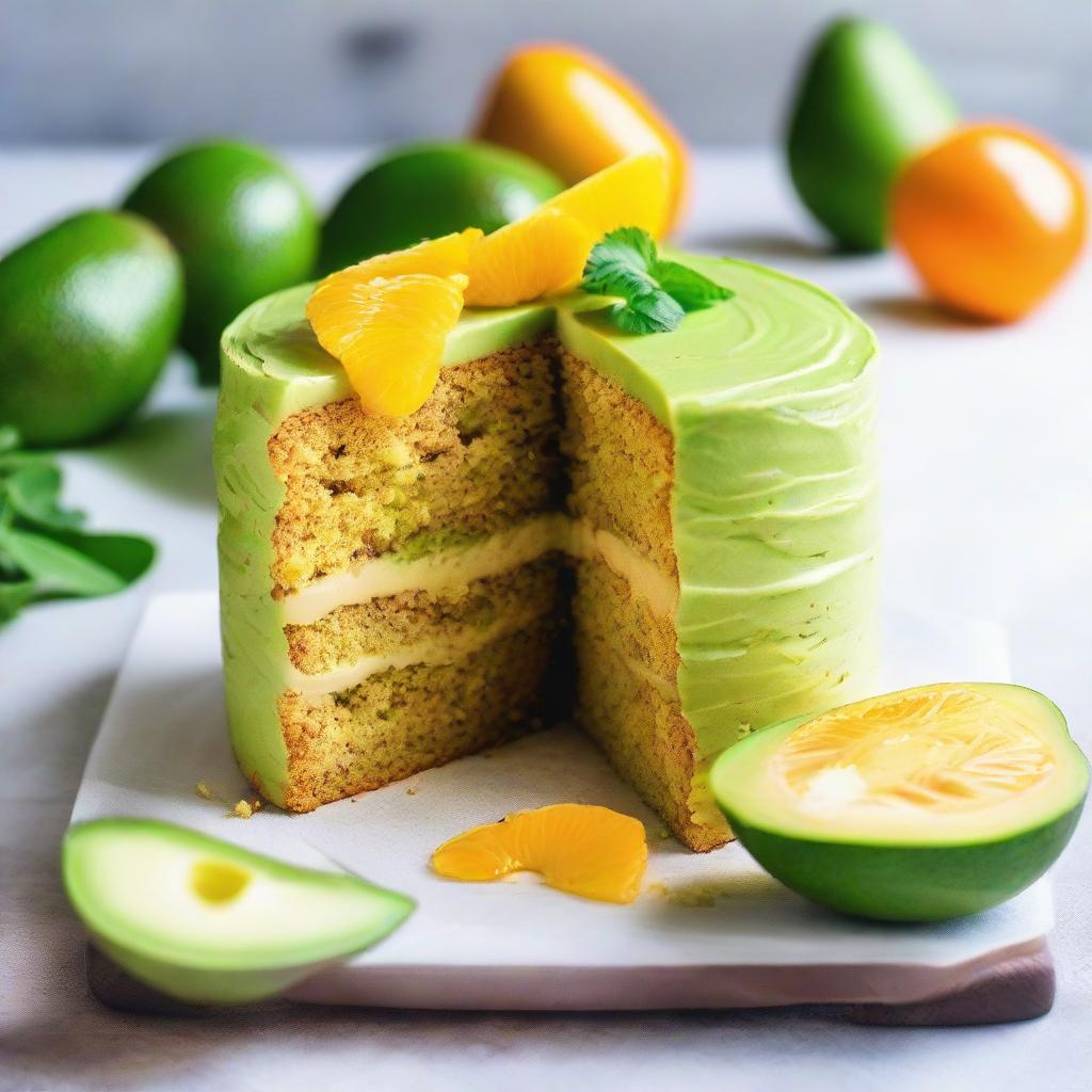 A luscious cake made from avocado and orange, showcasing texture and flavor contrast.