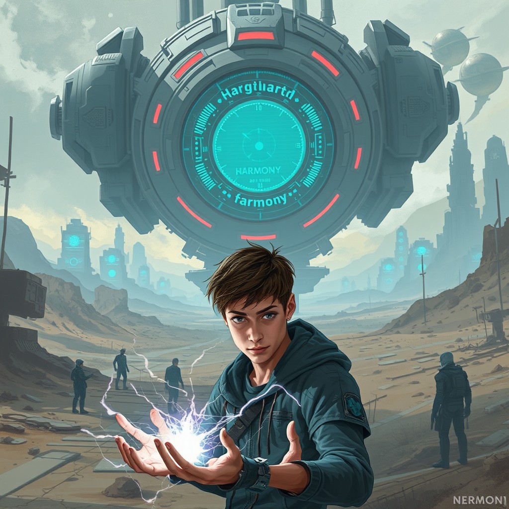 A futuristic landscape on the planet New Earth, depicting a dystopian society controlled by a large, imposing artificial intelligence interface named Harmony