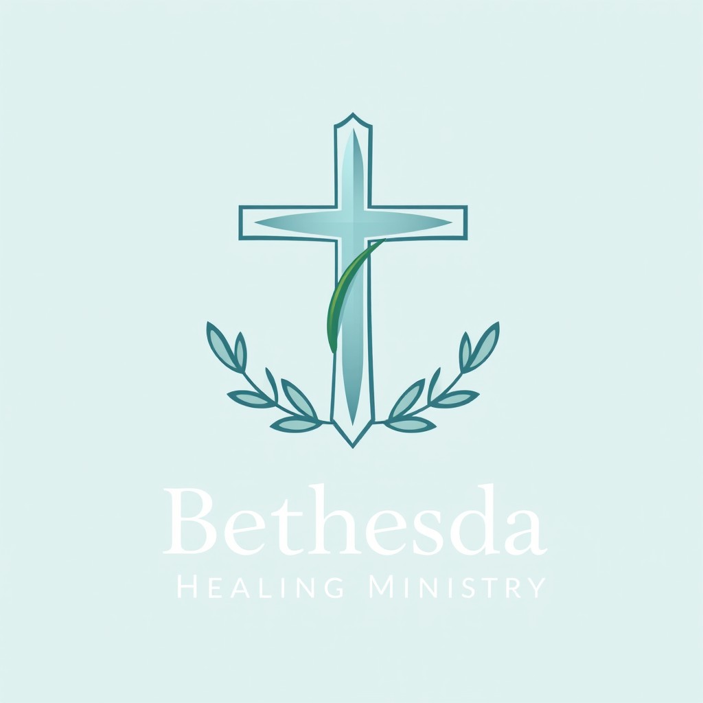 A logo design for 'Bethesda Healing Ministry' featuring a stylized cross intertwined with olive branches