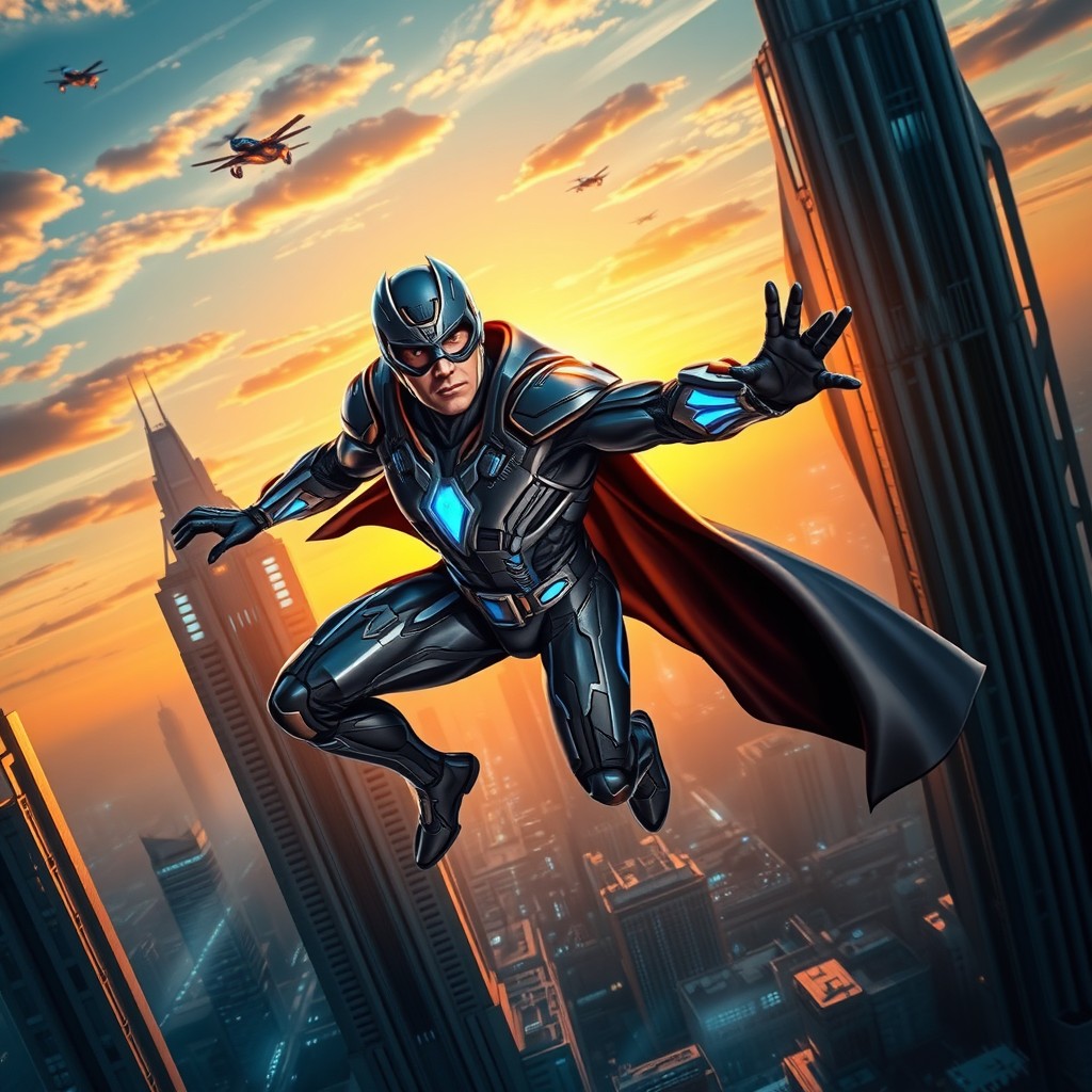 A powerful superhero soaring through the skies above a futuristic city, wearing a sleek, high-tech suit that glimmers under the sunlight