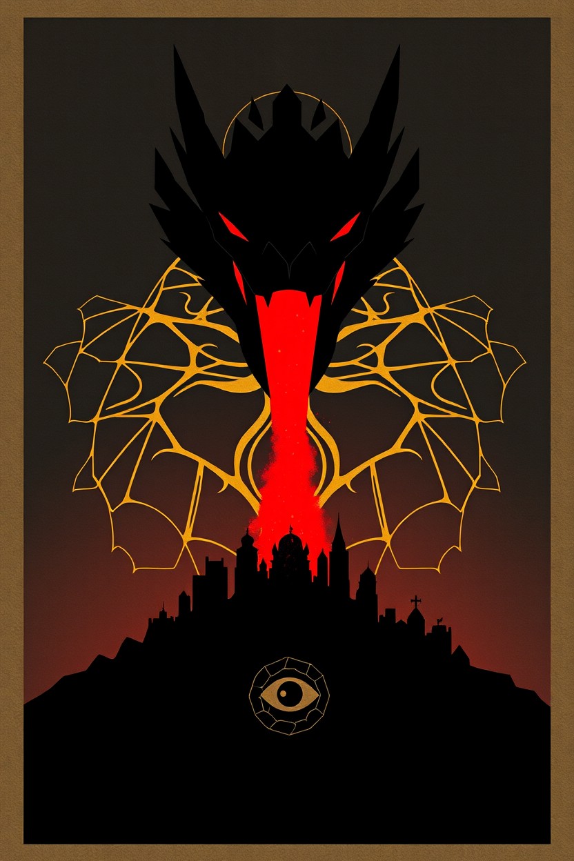 Minimalist dark fantasy book cover featuring a central focus on a stylized dragon's mouth constructed from geometric shapes, which is emitting a vibrant pillar of scarlet flame