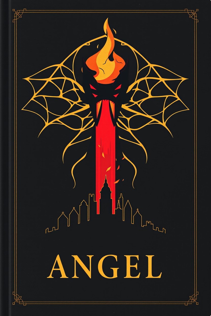 A minimalist dark fantasy book cover featuring a central focus on a stylized dragon's mouth, made of geometric shapes, that emits a pillar of scarlet flame