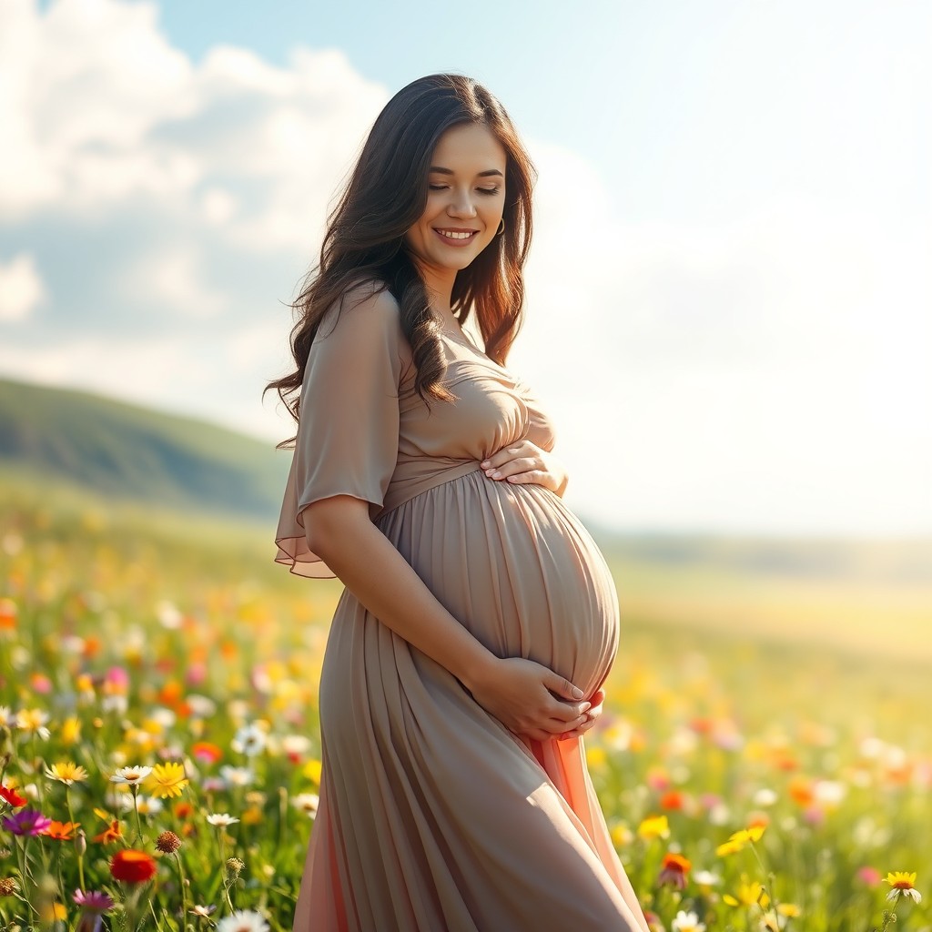 A beautiful, serene pregnant woman in an elegant flowing dress, standing in a sunlit meadow filled with colorful wildflowers