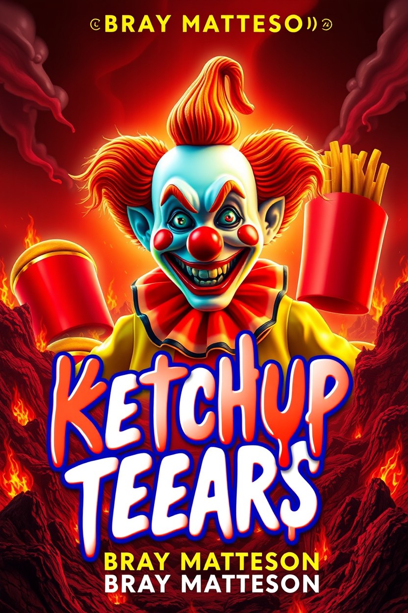 A fictional book cover design for 'Ketchup Tears' by Bray Matteson, featuring a vibrant yet eerie image of an animatronic clown mascot named Happy Jack