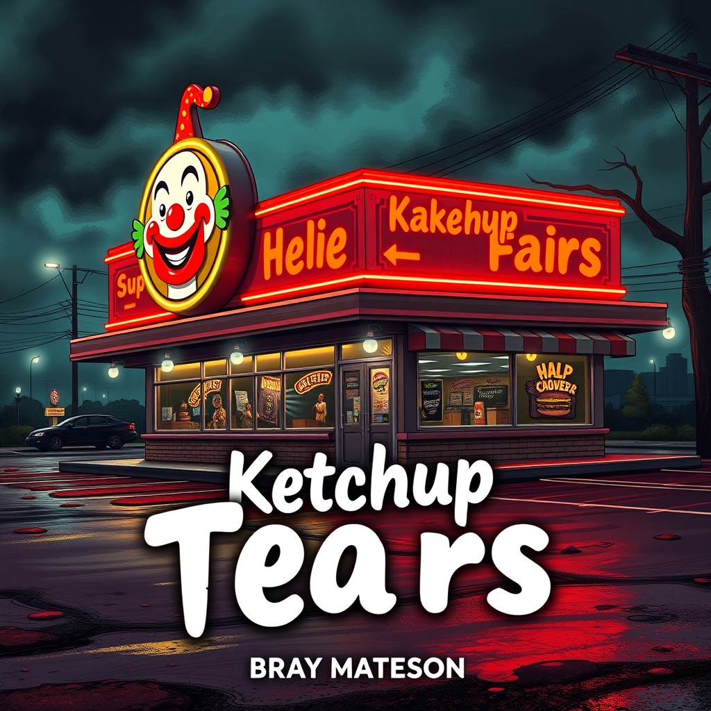 An imaginative book cover design for 'Ketchup Tears' by Bray Matteson, illustrating a fast food takeaway bay located in a hellish parking lot
