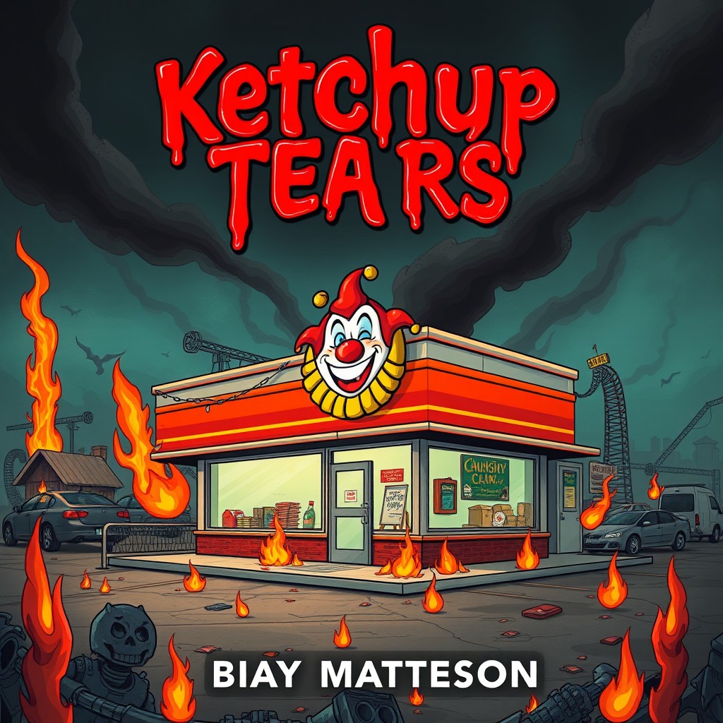 A captivating book cover design for 'Ketchup Tears' by Bray Matteson, featuring a takeaway bay of a fast food chain set in a hellish environment