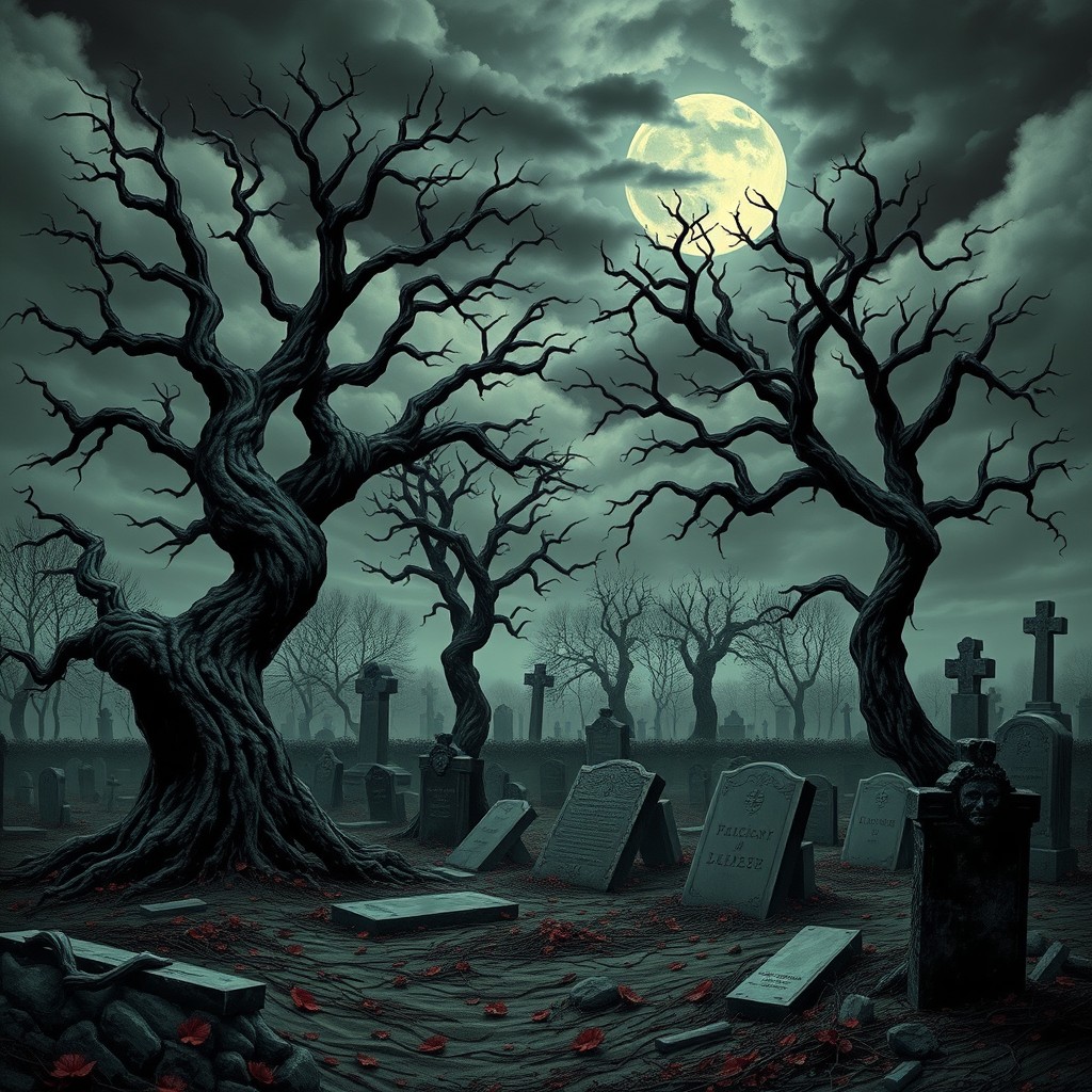 Cimetière sinistre avec des arbres tordus et dénudés, inspiré du style artistique de Blasphemous, évoquant une atmosphère sombre et gothique