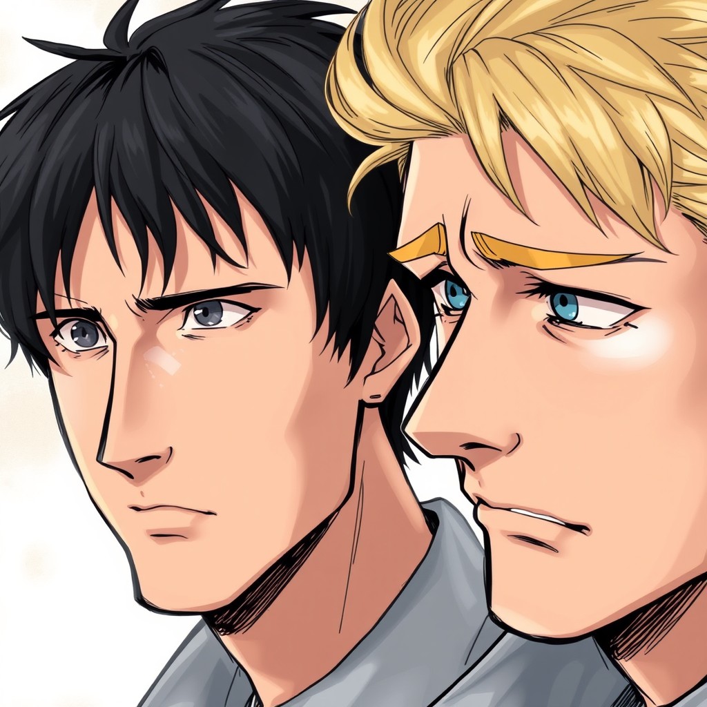 A detailed painting of two men, illustrated in a manga style