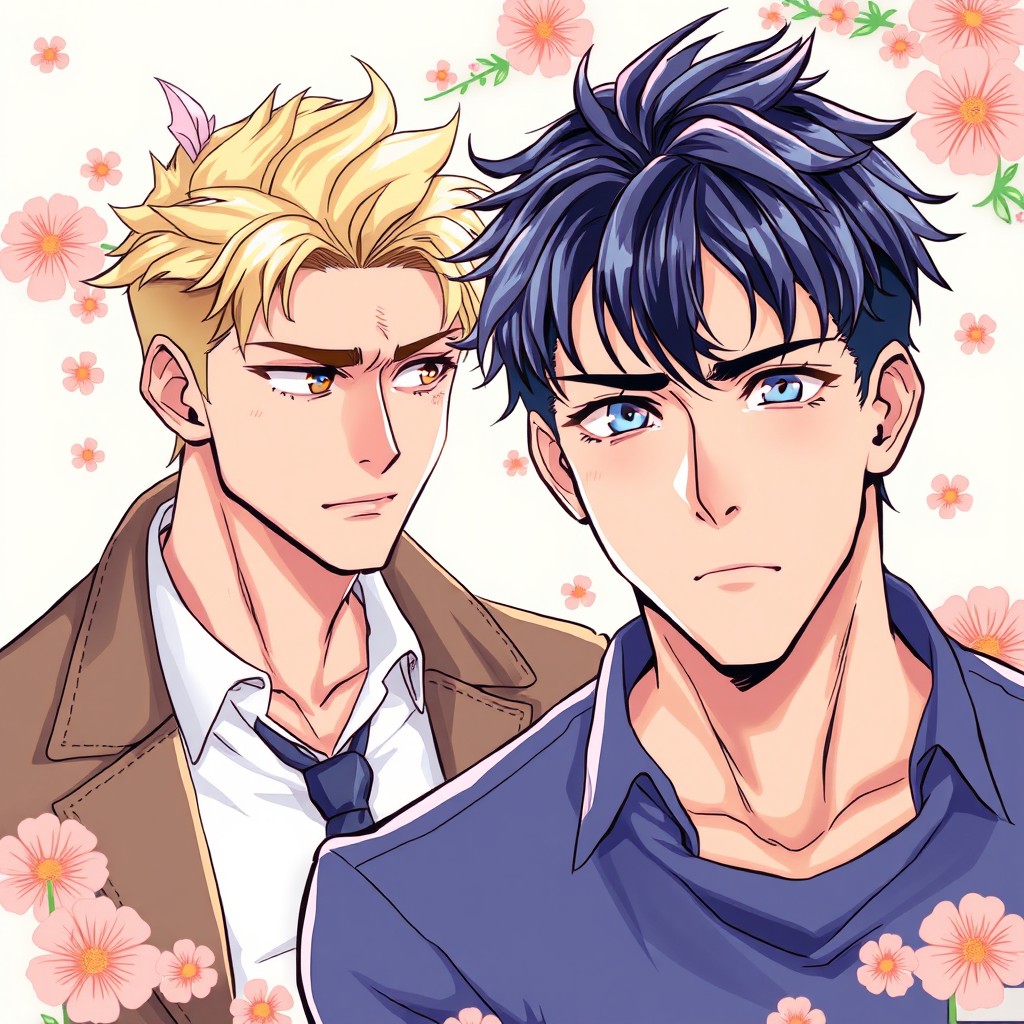 A vibrant manhwa-style illustration featuring two attractive men