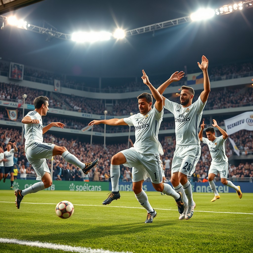 A dynamic and energetic scene featuring celebrated Real Madrid soccer players on the pitch during an intense match