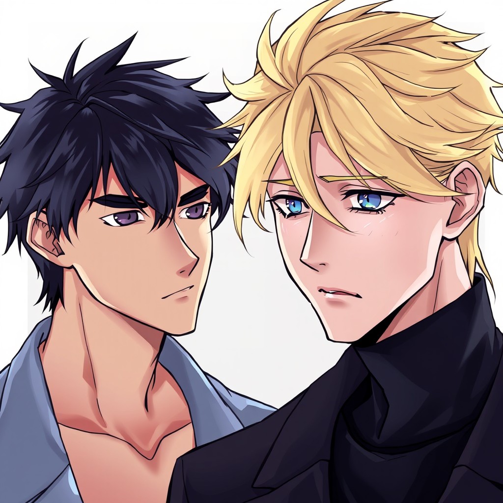 A manhwa-style illustration featuring two attractive men