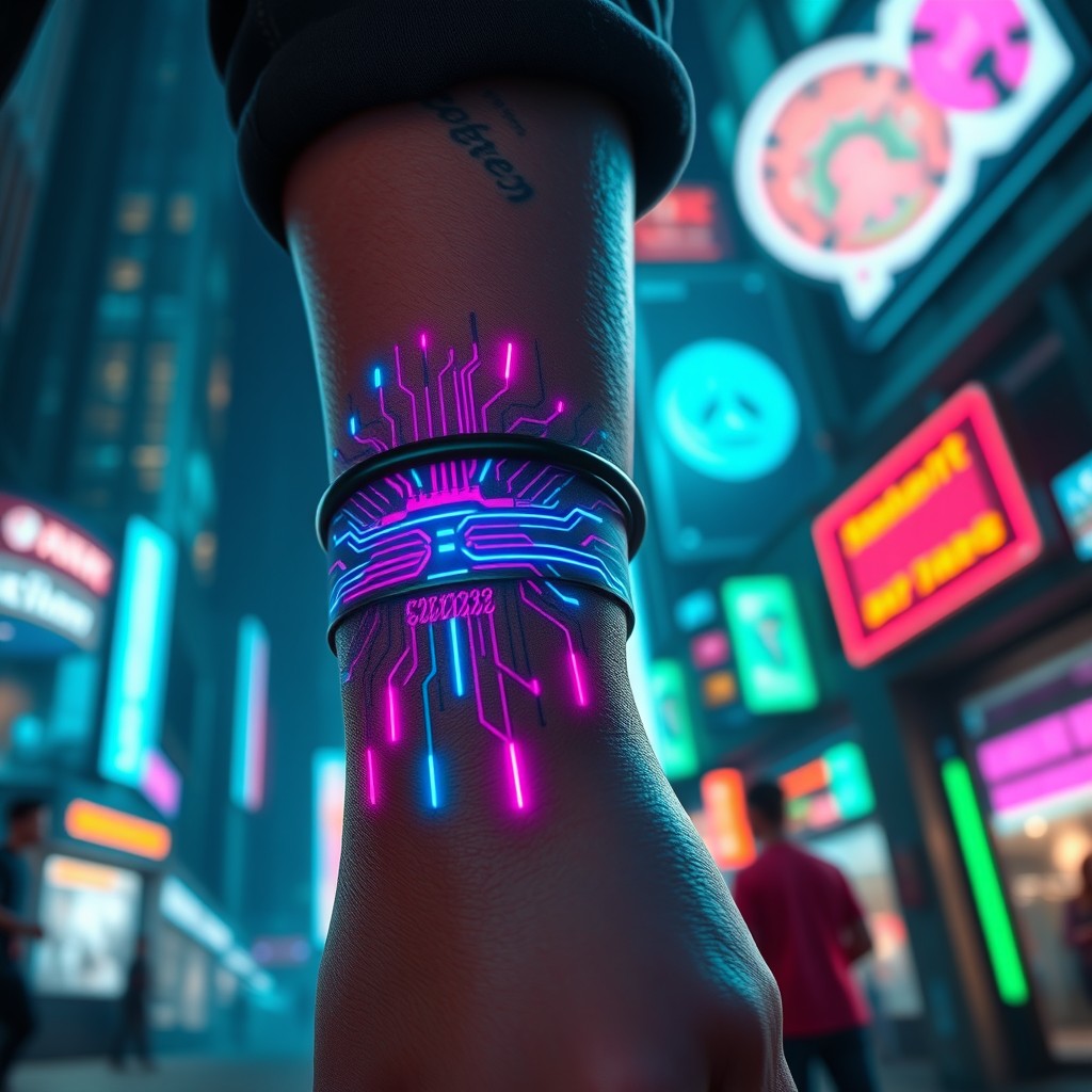 A detailed cyberpunk tattoo bracelet on a person's wrist, featuring neon colors and intricate electronic motifs, glowing lines and circuitry patterns merging with organic elements