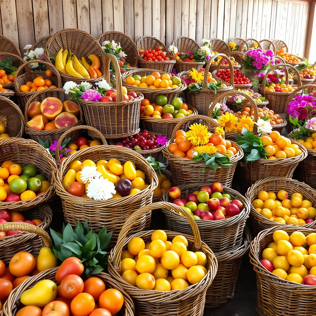 A vast array of wicker baskets filled with fresh fruits and flowers, showcasing varied sizes and intricate weaving patterns, set against a rustic wooden background