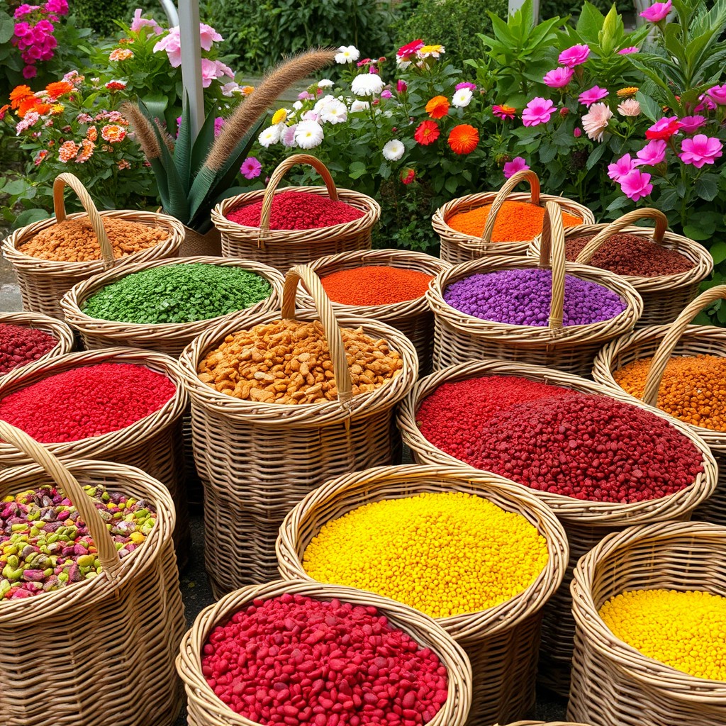 Many wicker baskets filled with colorful fertilizers, showcasing a vibrant and rich texture