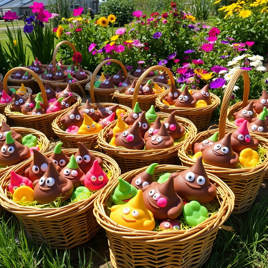 Many wicker baskets filled with playful, colorful clay shapes resembling cartoon-style poop, arranged in a sunny outdoor garden setting, surrounded by lush green grass and vibrant flowers, creating a whimsical and cheerful atmosphere