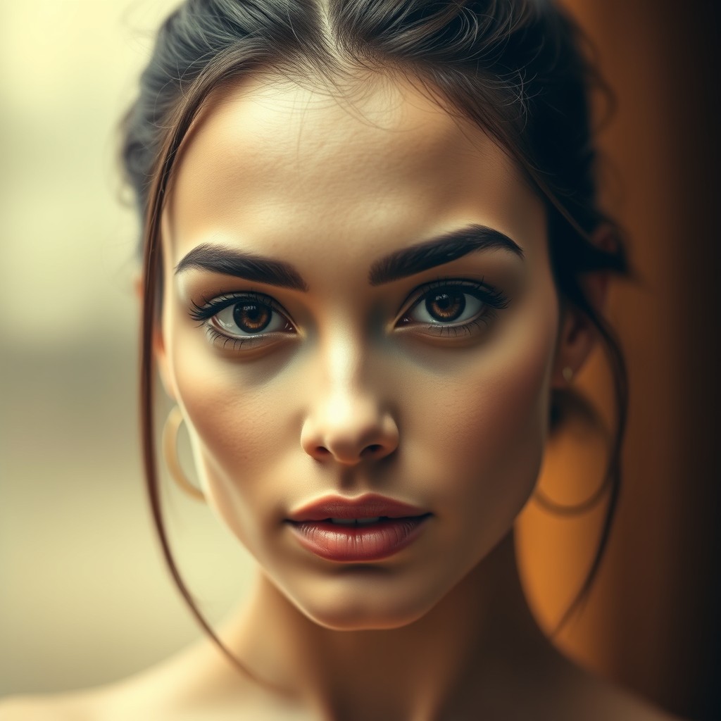 A portrait of a woman with striking features, focusing on her facial structure and expression