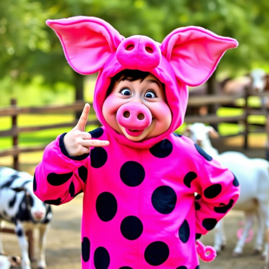 A person dressed in a colorful and humorous pig costume, exaggeratedly oversized with cartoonish features such as large floppy ears and a big snout