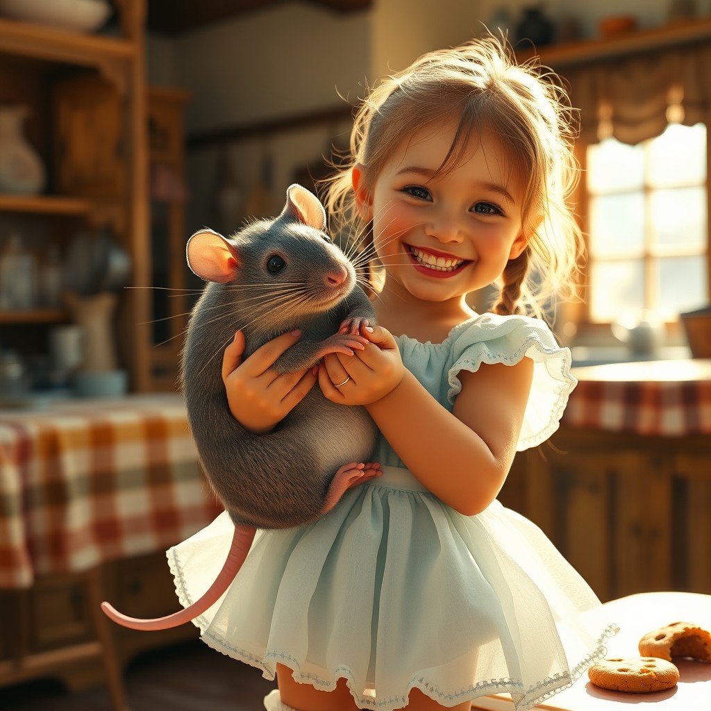 A cheerful little girl in a puffy, pastel-blue skirt and white frilly socks carefully holds a large, plump gray rat in her cupped hands