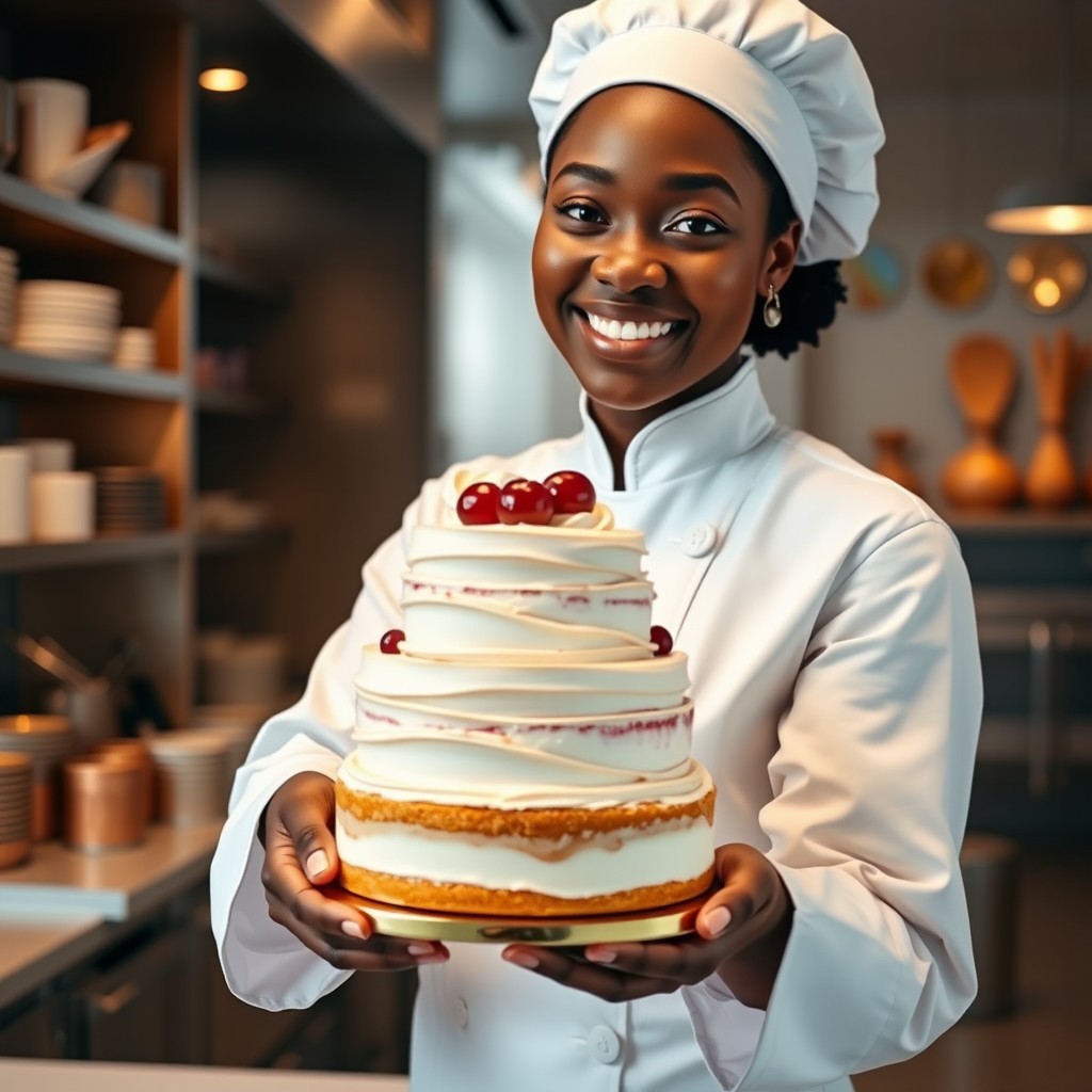 A young black woman, a professional pastry chef, smiling proudly while wearing a white toque and immaculate chef's jacket