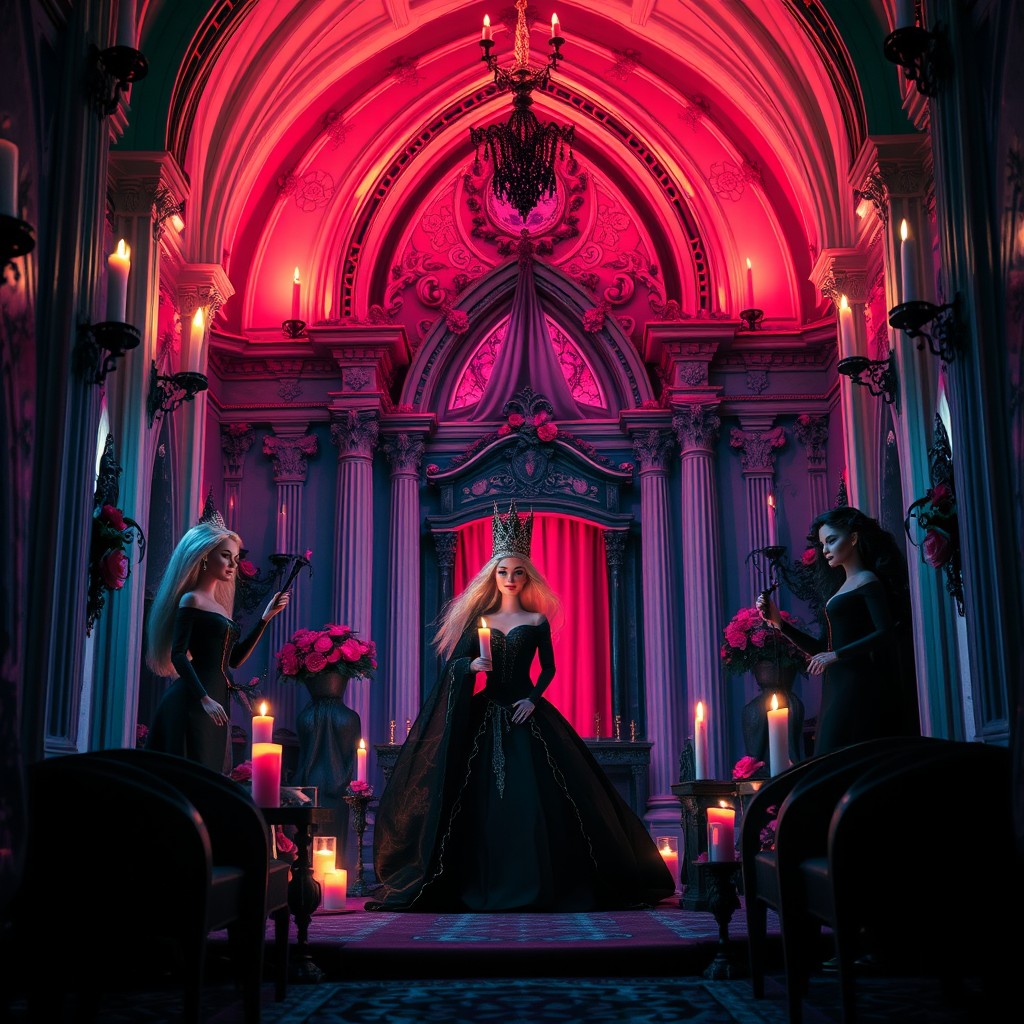 A darkly whimsical scene depicting a Barbie-themed satanic church, featuring elegantly designed architecture with gothic elements and pink aesthetics